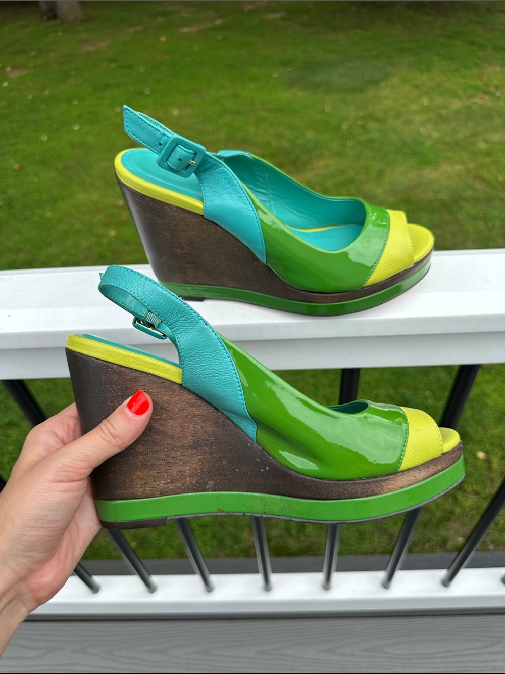 Boden Colorblock Patent Leather Slingback Wedge Sandals Green Blue Yellow